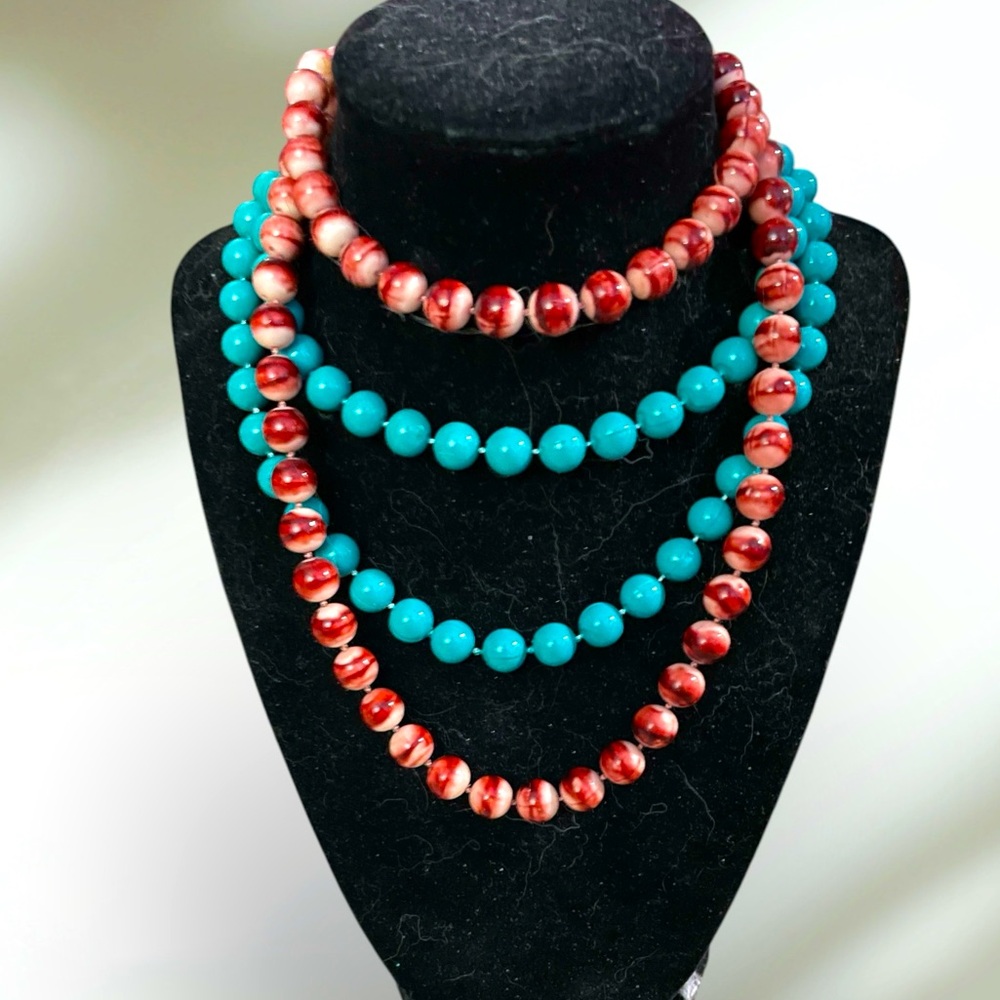 Vintage Pale Blue and Marble Red Beaded Necklaces